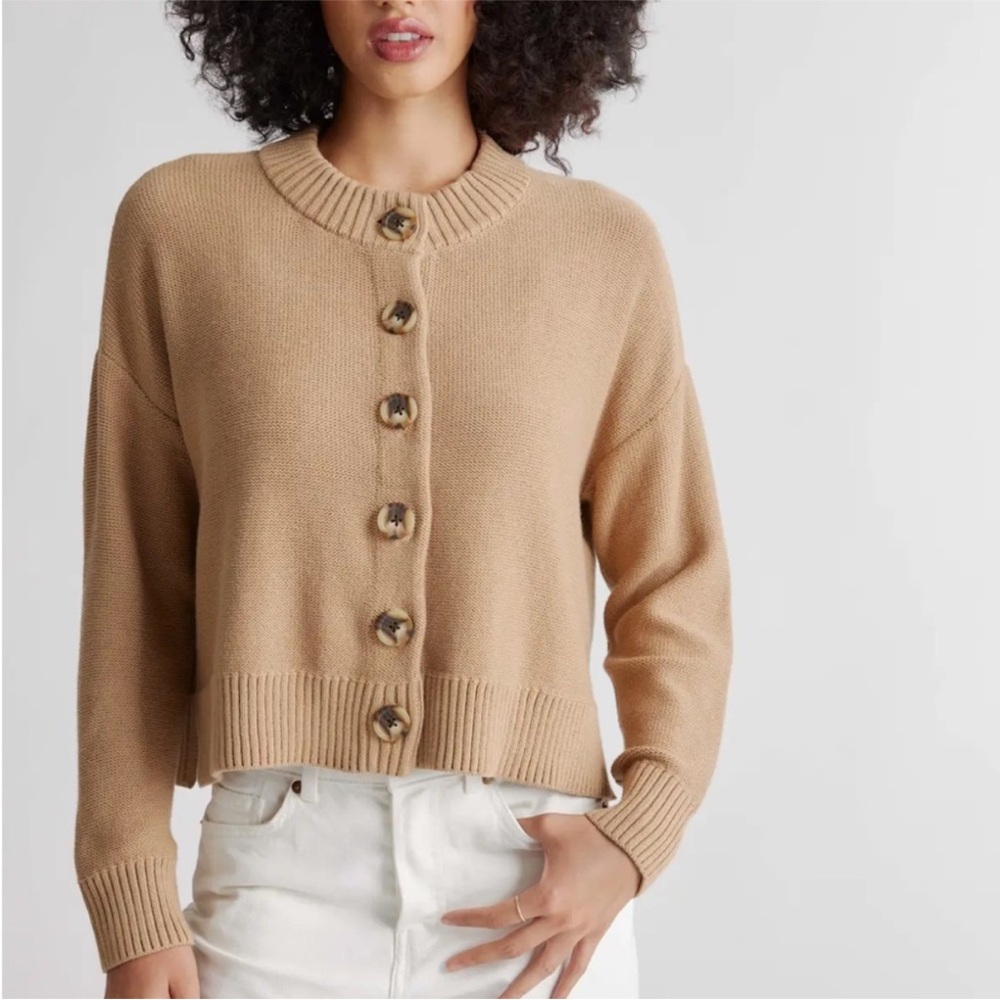 Quince 100% Organic Cotton Cardigan in Camel tan size large - Picture 2 of 7